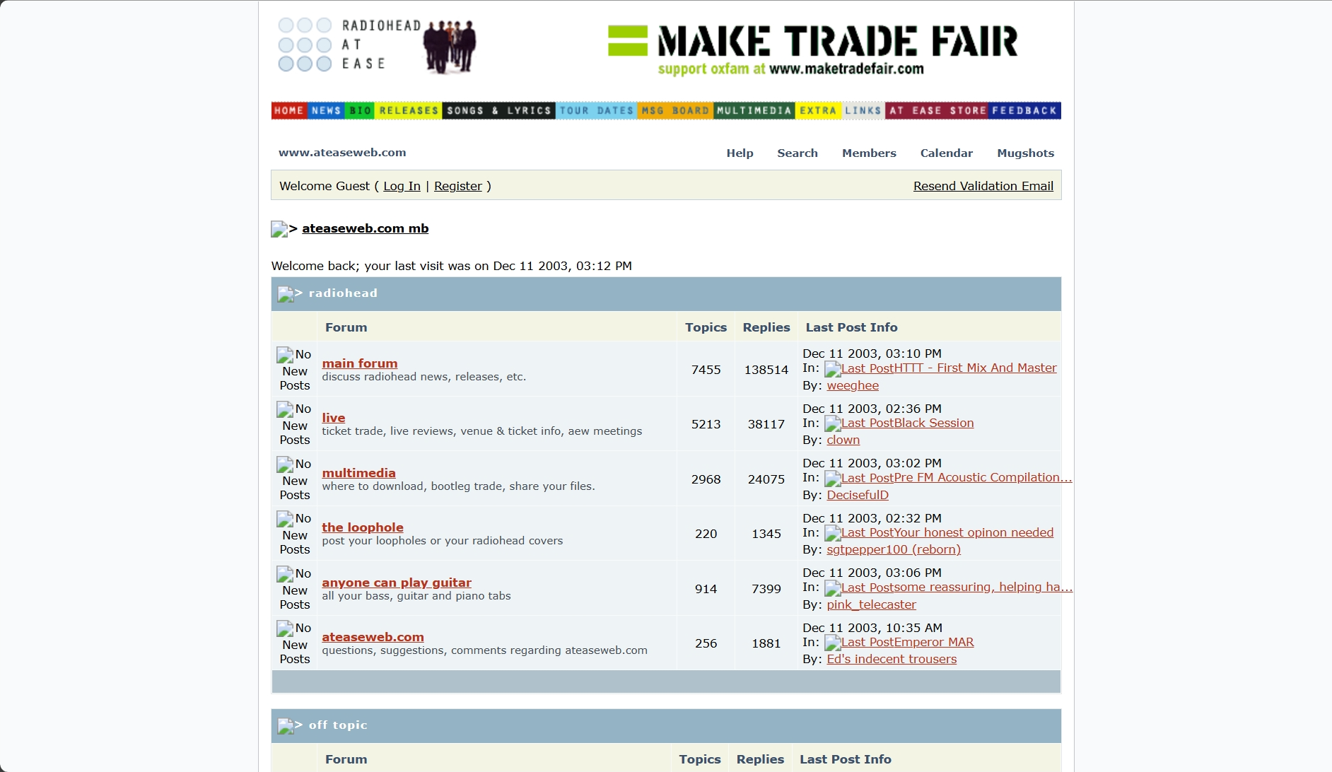 at ease message board, capture of the main page